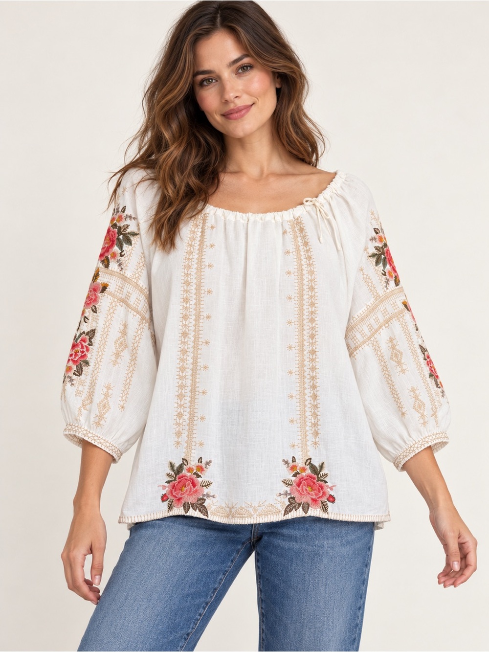 Johnny Was Sorrento Embroidered Peasant Blouse in Ivory, Estimated XL